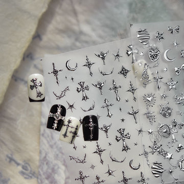 Metallic Silver Gothic Cross Nail Art Stickers – Dark Punk Star & Moon Decal Sheet