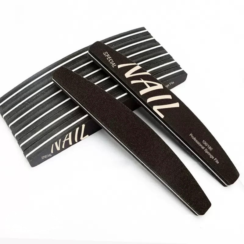 Professional Black Sponge Nail File – Double-Sided 100/180 Grit Crescent Buffer