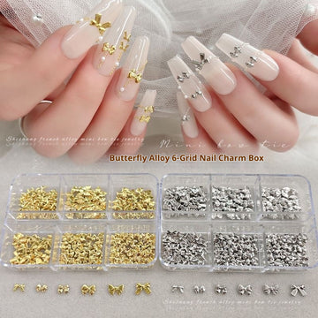 Butterfly Alloy 6-Grid Nail Charm Box (Gold / Silver)