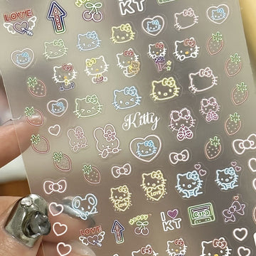 Glow-in-the-Dark Hello Kitty Nail Art Stickers – Cute Cat & Strawberry Decal Sheet