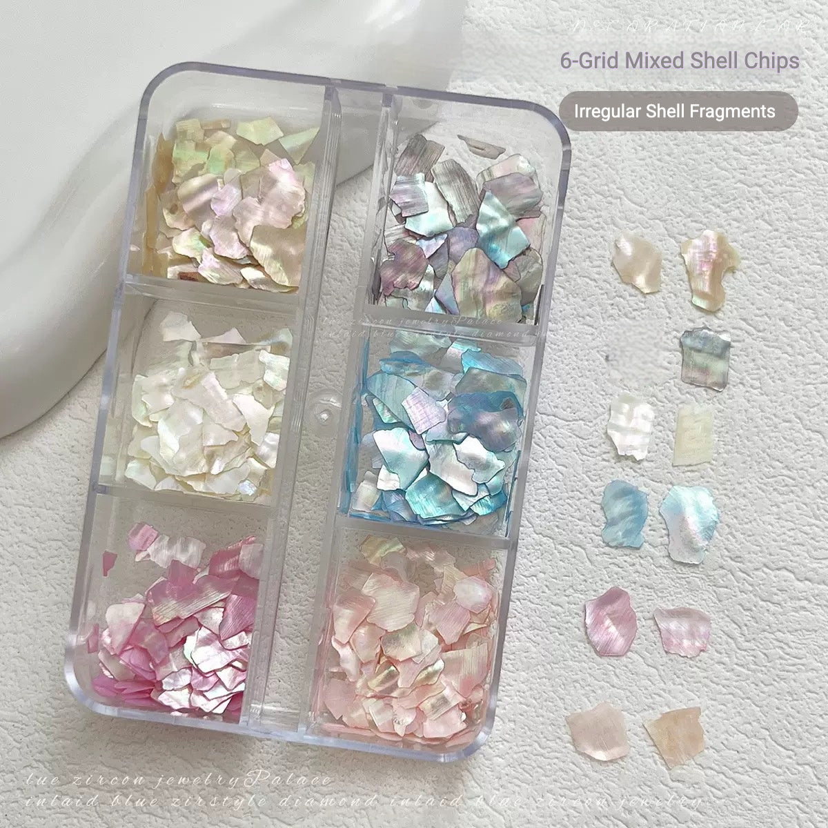 6-Grid Iridescent Shell Chips – Mother of Pearl Nail Art Flakes Set