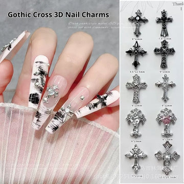 Gothic Cross 3D Nail Charms – Dark Punk Rhinestone Series