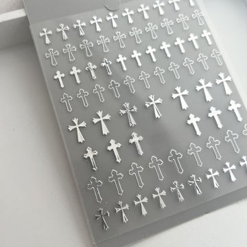 Silver Cross 3D Nail Stickers – Metallic Gothic Charm
