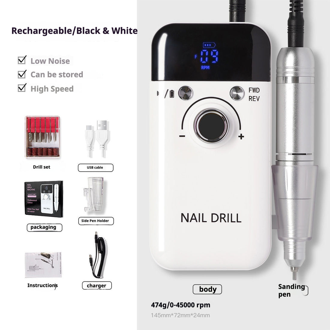 Professional Rechargeable Electric Nail Drill Machine – High-Speed, Low-Noise, and Cordless