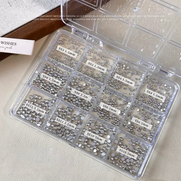 Clear Flat-Back Rhinestone Set – 1200pcs Mixed SS3–SS12 Nail Art Crystal Gems in 12-Grid Box
