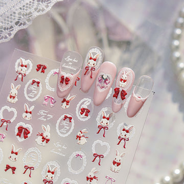 3D Embossed Lolita Bunny Nail Art Stickers – Red Bow & Lace Heart