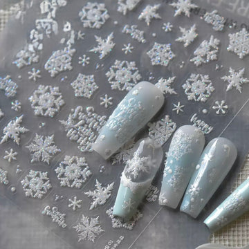 3D Embossed Snowflake Nail Art Stickers – Holographic Glitter Winter Decal Sheet