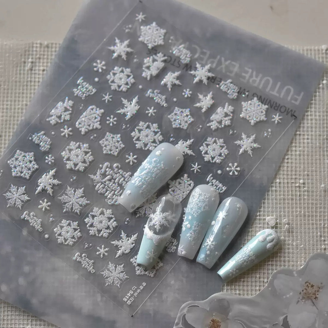 3D Embossed Snowflake Nail Art Stickers – Holographic Glitter Winter Decal Sheet