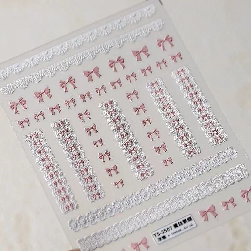 Nail Sticker - 3D Lace Pink Bow